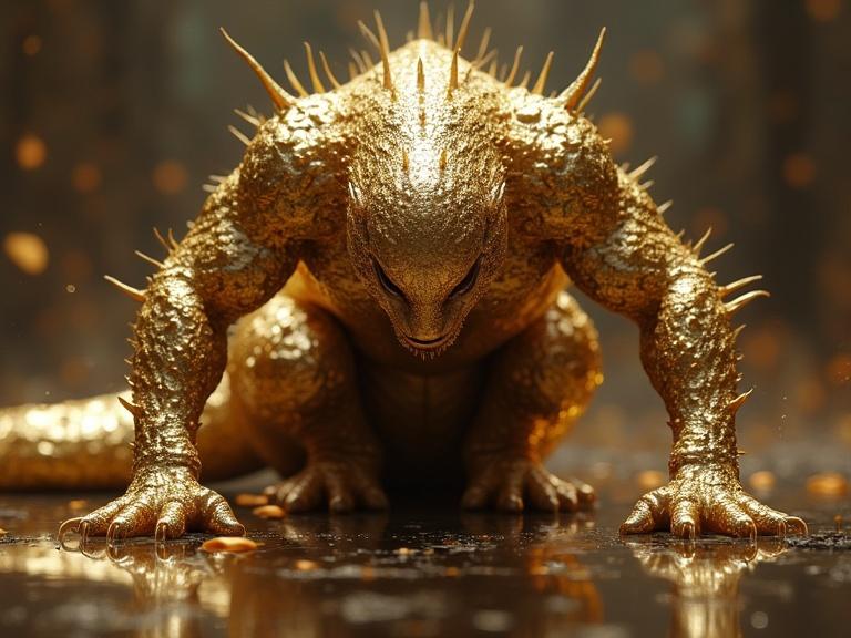 Majestic muscle figure of Echidna Creature with hyper detailed characters. Fantasy concept art style. Reflective surface. Dynamic style. Digital art masterpiece. Epic fantasy. Golden ratio. Symmetrical.