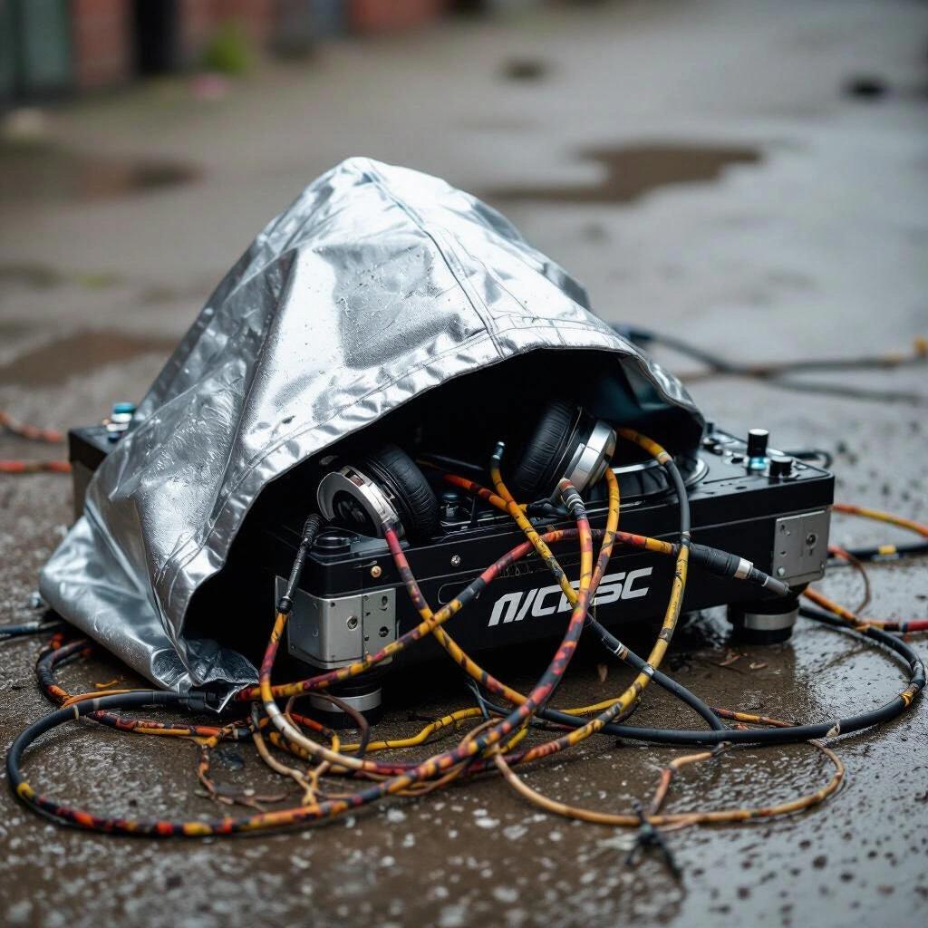 Metallic hood covers DJ gear on wet concrete. Cables lay tangled like roots. Outdoors setting. Industrial vibe.