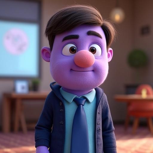 3D Pixar-style character named Roy. Blocky, fleece-textured, purple character. No nose, smooth mid-face. Large eyes, thoughtful look. Combed hair with small quiff. Light blue shirt, navy jacket, and loosely worn blue tie. Simplified plush body shape. Calm and confident expression. Soft, cinematic lighting in a café setting.