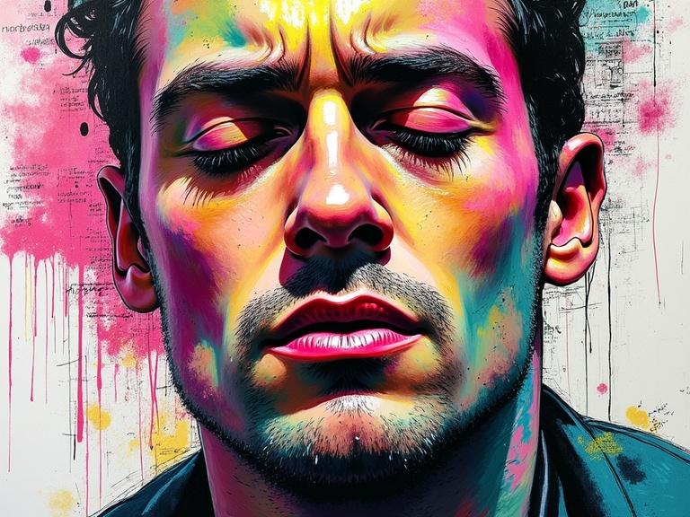 Vibrant abstract portrait of a man's face. Bright colors like pinks yellows blues greens. Thick textured brushstrokes splashes of paint. Closed eyes prominent lips layered colorful background. Scattered text sketch-like lines dynamic graffiti art.