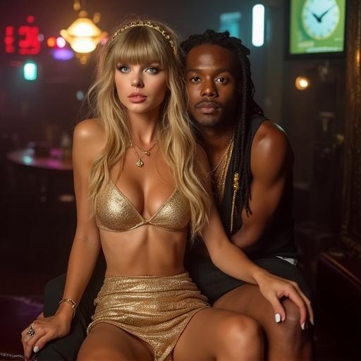 Couple in a dingy nightclub. Blonde woman with bangs and long hair in a gold bikini top and miniskirt. Man is holding her close wearing jewelry. Dim lighting creates a warm atmosphere. Woman smiling at viewer.