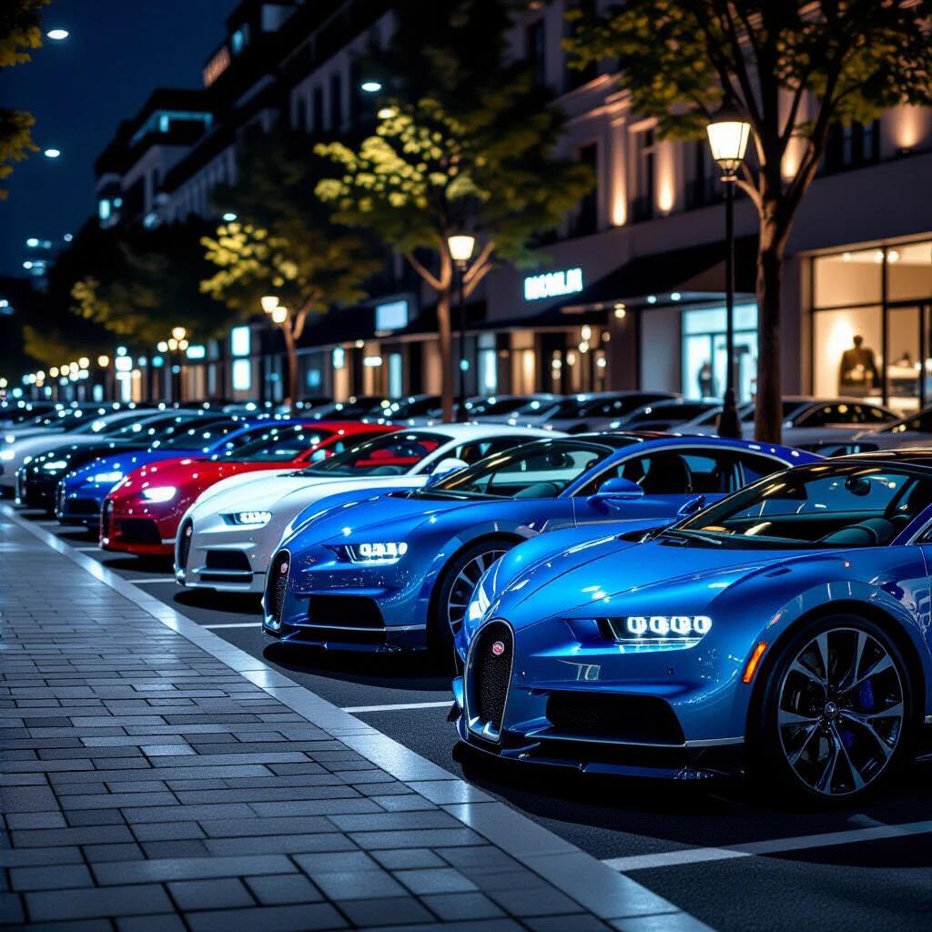 Photorealistic scene of a nighttime parking lot filled with luxury cars. Line of vehicles parked at a 45° angle. In the foreground, modern self-driving pods are blurred with Bokeh. Focus transitions to a sharp vintage Bugatti at the end of the line. The Bugatti exhibits ultra-sharp details. Light rain creates reflections on the pavement. Twilight atmosphere enhances the scene's elegance.