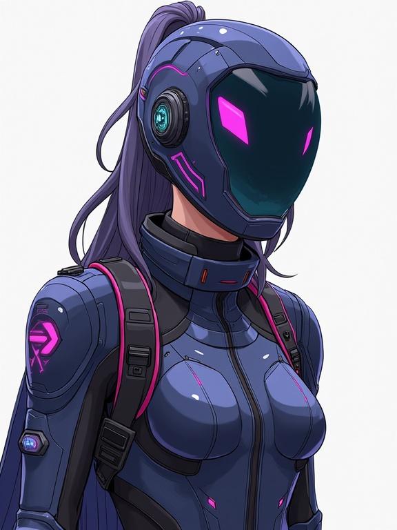 Anime character in a high-tech sci-fi power suit. Character has a sharp angular visor helmet. Full body representation of the character standing confidently.