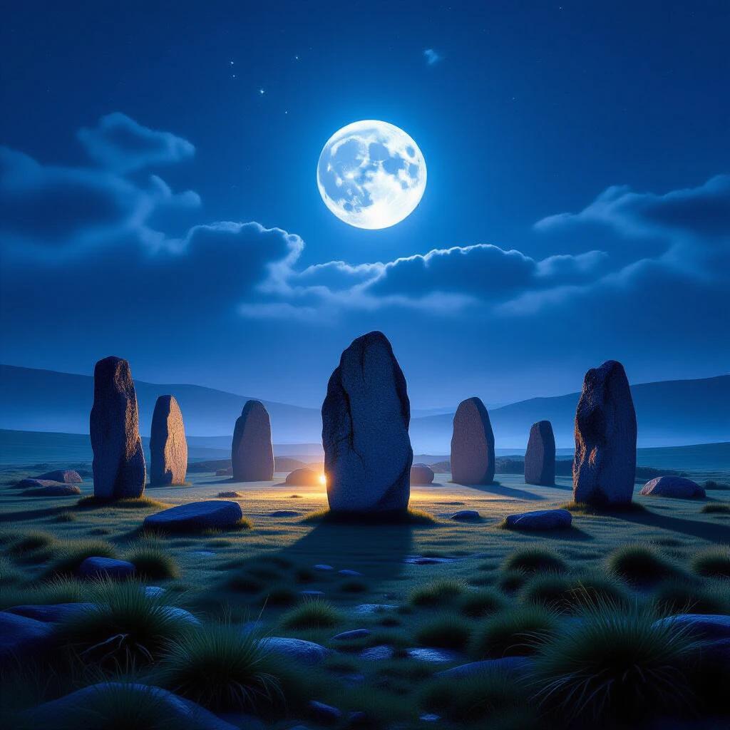 Ancient stone circle illuminated at night. Moonlight casts shadows on standing stones. Hyper-realistic illustration with vibrant details.