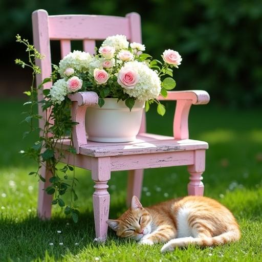 Light pink wooden chair with distressed finish filled with white and pink roses surrounded by green grass. A ginger cat curls up asleep beside the chair. Bright sunny day with no dark shadows.