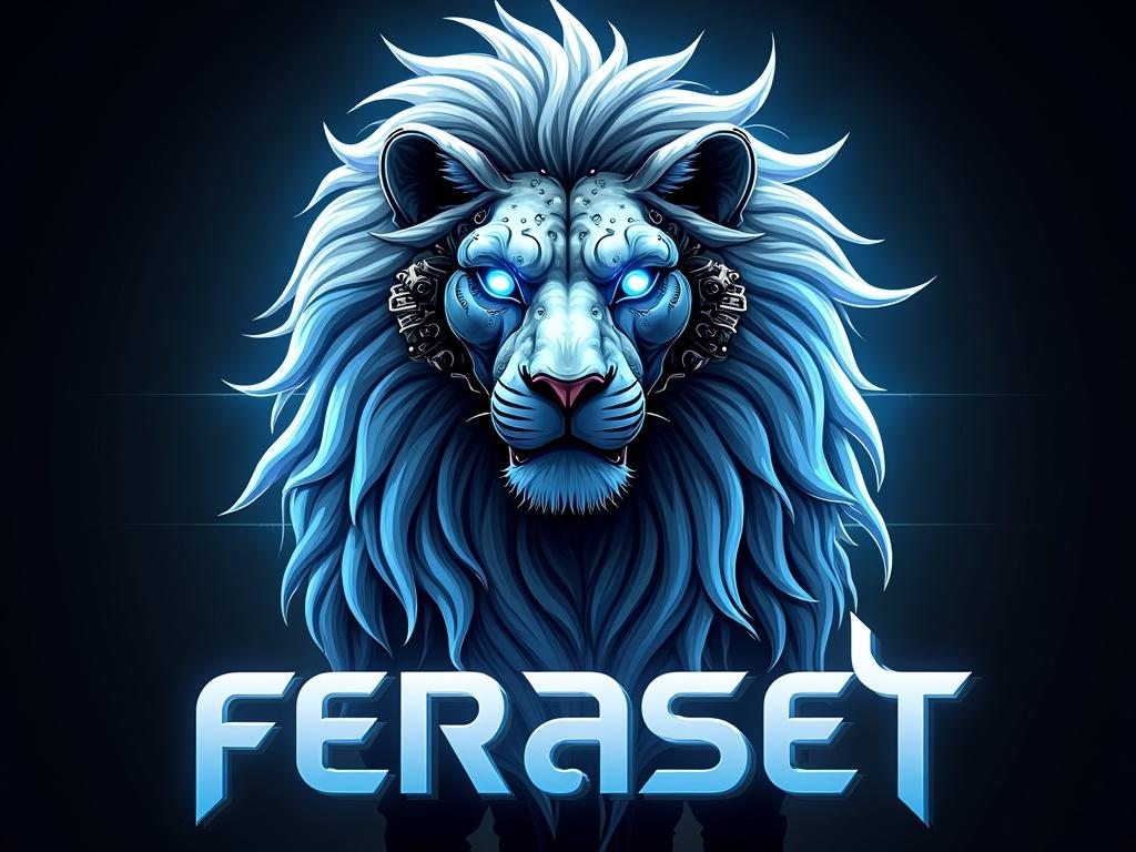 The image features a powerful robotic lion with an impressive cybernetic design. Its mane flows with vibrant shades of blue and white, giving it a futuristic look. The lion's face is detailed with mechanical elements, highlighting its fierce expression and glowing blue eyes. The background is dark, enhancing the luminous effects around the lion. Below the lion, the text 'FERASET' is prominently displayed in bold, stylized letters, integrating seamlessly with the cybernetic theme.