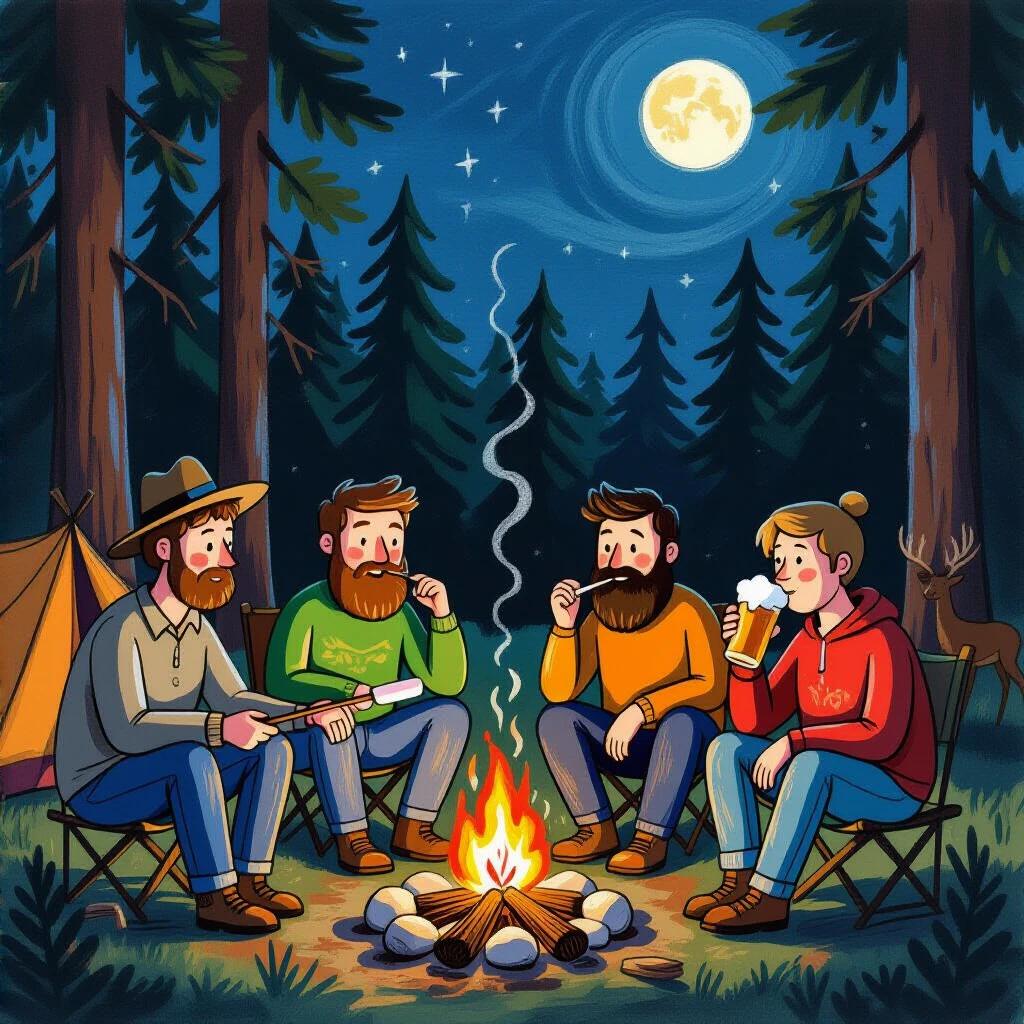 Illustration of a camping scene with four people enjoying a campfire at night. One person roasts a marshmallow. Another person smokes a joint. A third tells a story with hand gestures. The fourth drinks a beer. Tall trees surround them and a full moon shines above. A tent is partially visible and a deer is in the background.