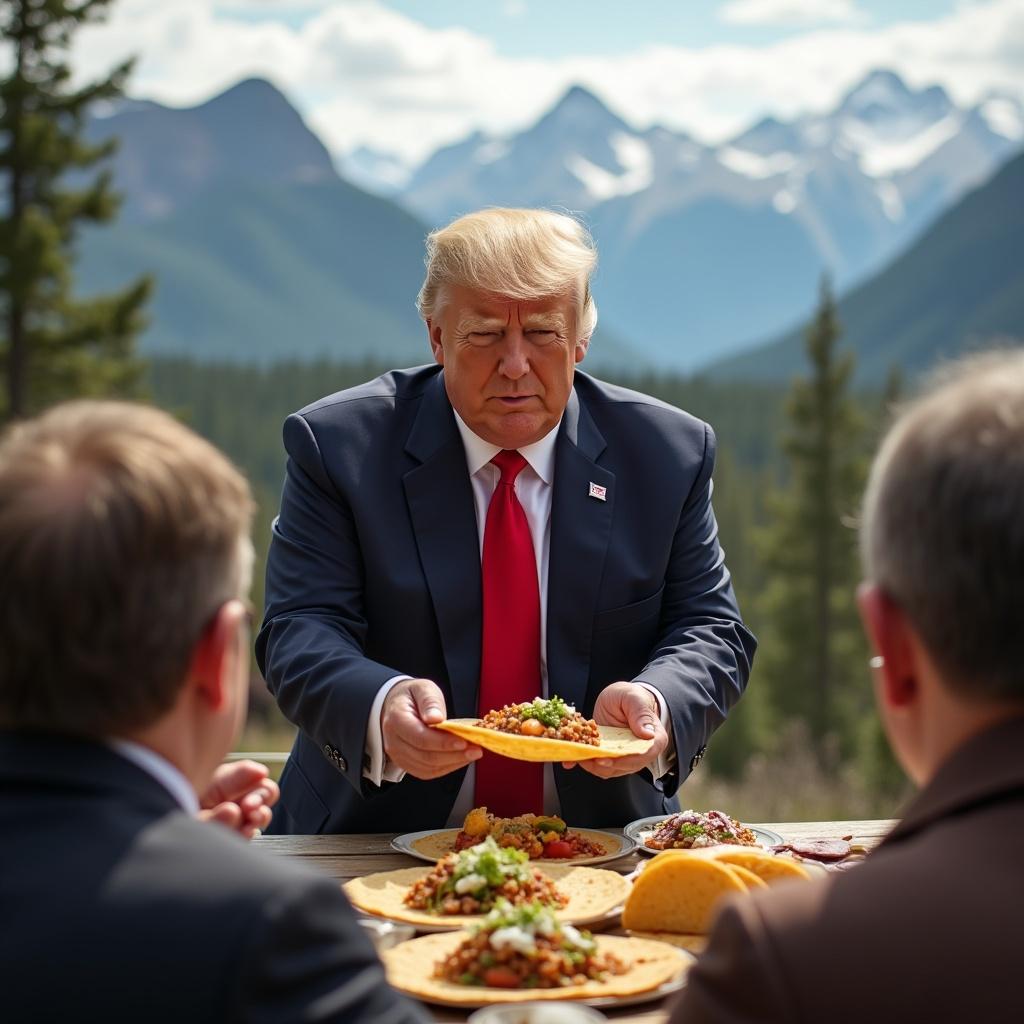 Photorealistic image featuring a man with blond hair in a suit presenting tacos to seated guests in a scenic mountainous area. The scene includes a table with various dishes aiming to depict a casual yet formal atmosphere during an event in Canada.