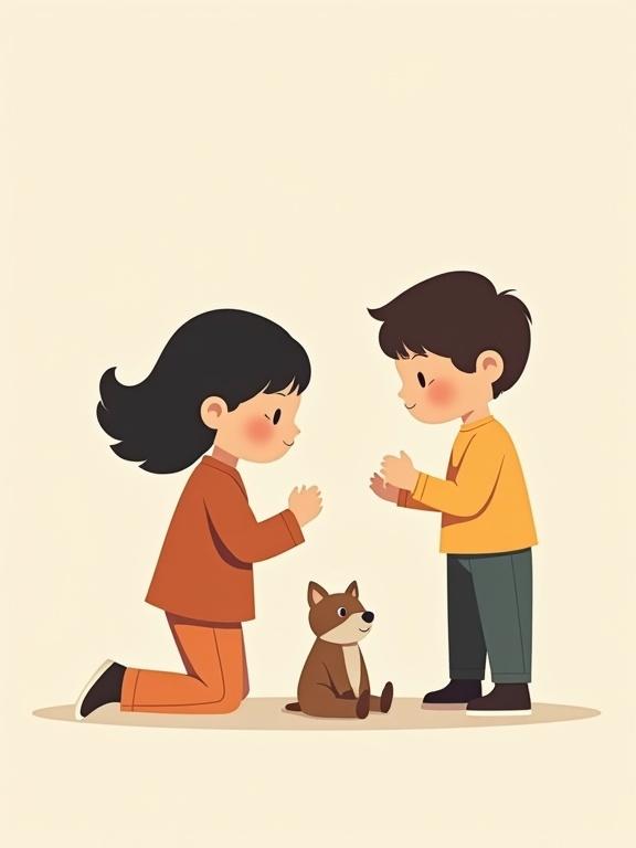 Illustration of two young kids playing with a small dog. A girl and a boy are kneeling, smiling at each other. They have exaggerated, playful shapes and simplified clothing. The background is light and neutral. The art style is minimalist and cheerful.