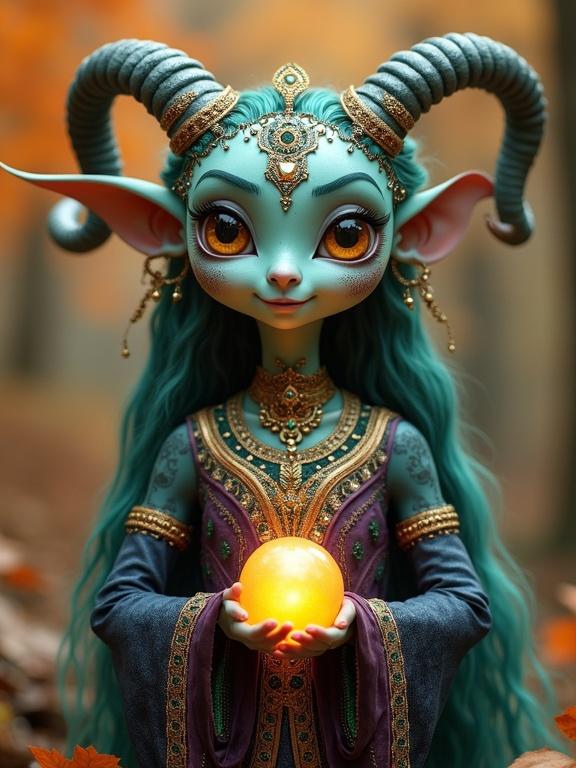 A fantastical creature with teal skin and gold hair stands in an enchanting autumn setting. It has large eyes and curved horns. Wearing a detailed dark blue and purple outfit, it holds a glowing golden orb. The background features warm fall colors like orange and brown. The atmosphere is magical and serene.