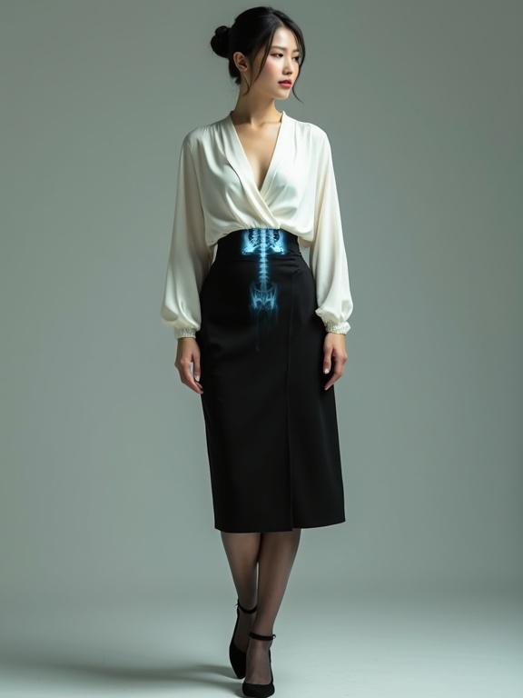Female in pearl-white V-neck chiffon blouse with black knee-length skirt. Legs are in sheer black pantyhose and low-block heels. Hair is neatly tied in a bun. Red lips curved in a slight smile. X-ray effect showing internal cyborg components. Standing in an agency environment.
