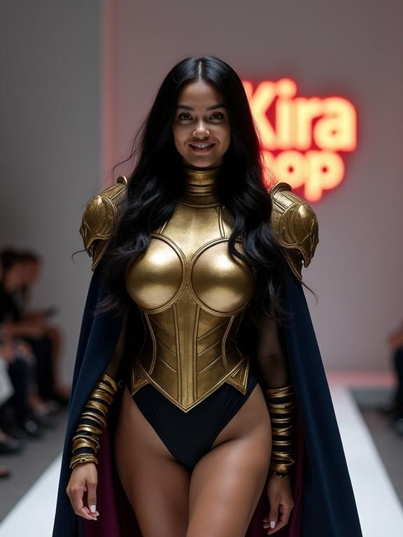 Young woman poses confidently on catwalk wearing striking golden armor and dark cloak. Her long black hair cascades down her shoulders. A vibrant 'Kira Shop' sign shines in the background.