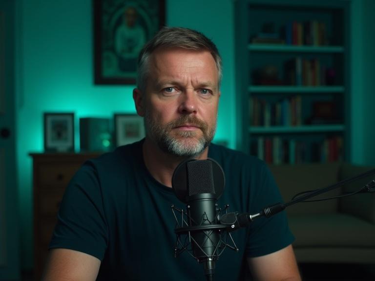 A serious man in a podcast studio. Moody atmosphere with teal neon lights. Dark walls and a bookshelf in the background. Man has short light hair. Wearing a dark t-shirt. Professional microphone in front. Light cinematic vibe.