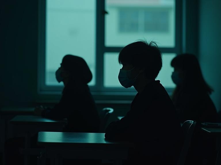 A dimly-lit classroom setting features silhouettes of three students. They wear face masks and sit quietly. Soft teal-blue light enters from the window creating strong shadows. The overall mood is contemplative and melancholic. The background is slightly blurred. This captures the essence of a Japanese high school.