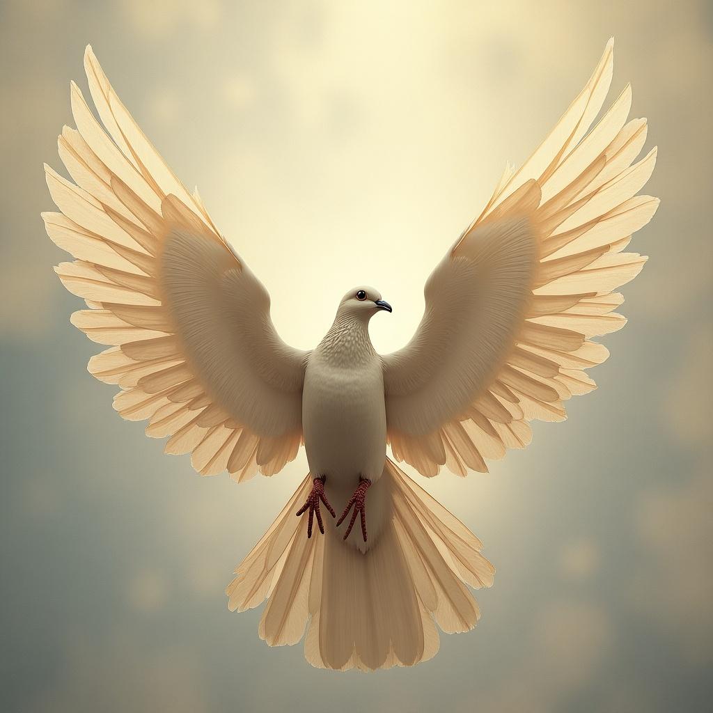 Dove with elegant wings spread wide. Background has a soft, luminous quality. Emphasis on graceful form and gentle colors.