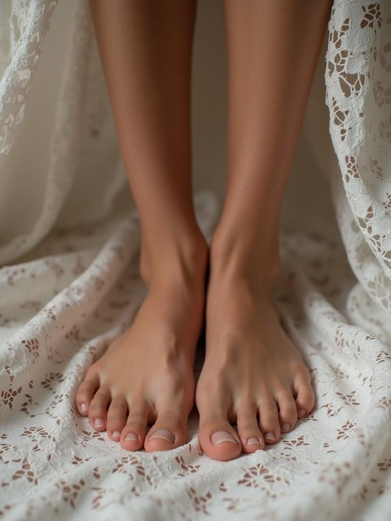 A close-up view of bare feet resting on a delicate lace fabric. The feet are soft and well-groomed. The lace creates a romantic and serene backdrop. Natural light enhances the features without harsh shadows.