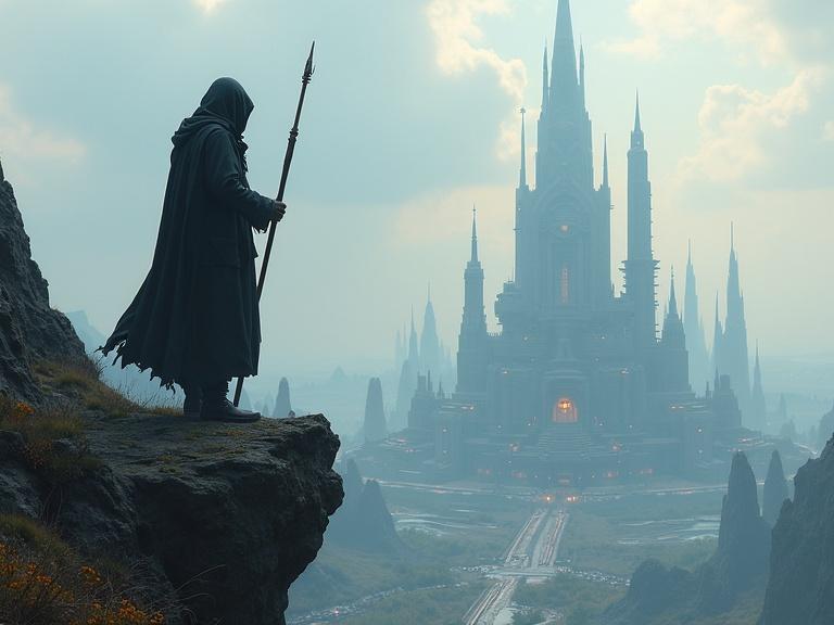 A hooded figure holds a staff. The figure stands on a rocky cliff. In the distance, a futuristic city appears under a cloudy sky.