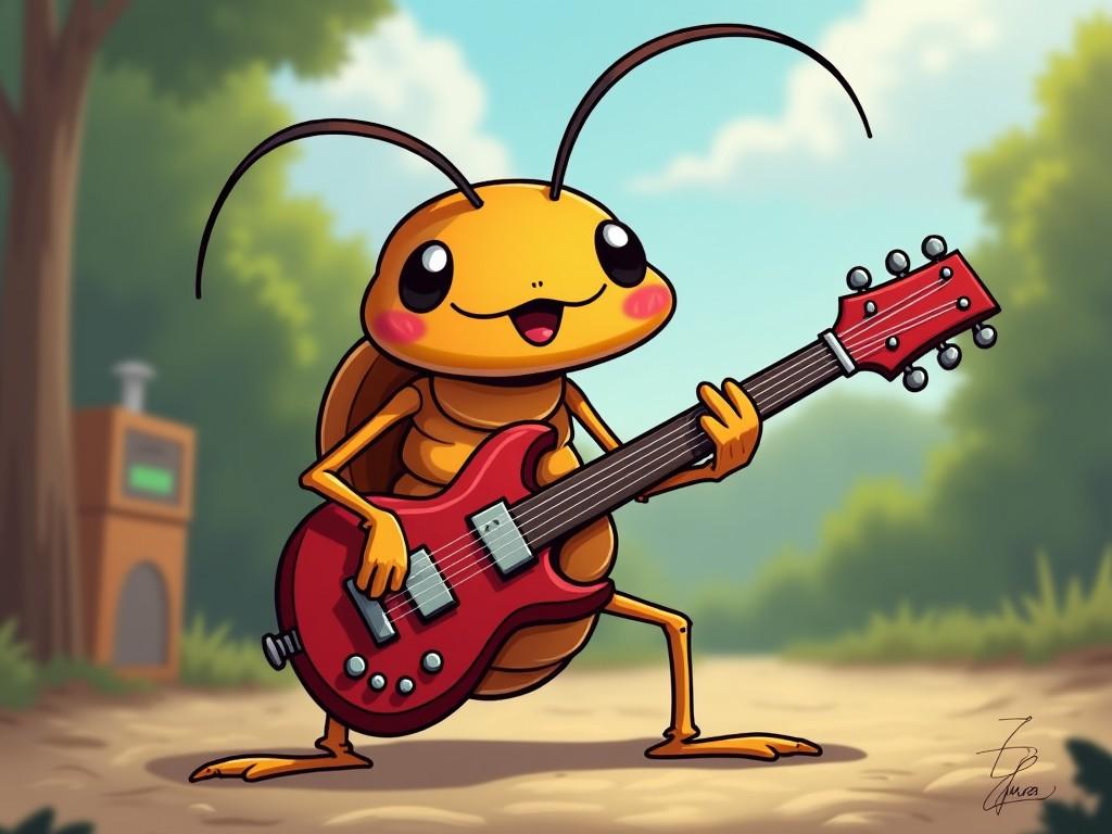 The image features a cartoon insect, specifically a cockroach, joyfully playing an electric guitar. It stands prominently in front of a blurred outdoor background filled with greenery. The cockroach is colorful, with a bright yellow body and cheerful expression. Its red guitar contrasts with the warm natural colors around it. The overall vibe is fun and playful, ideal for children's media.