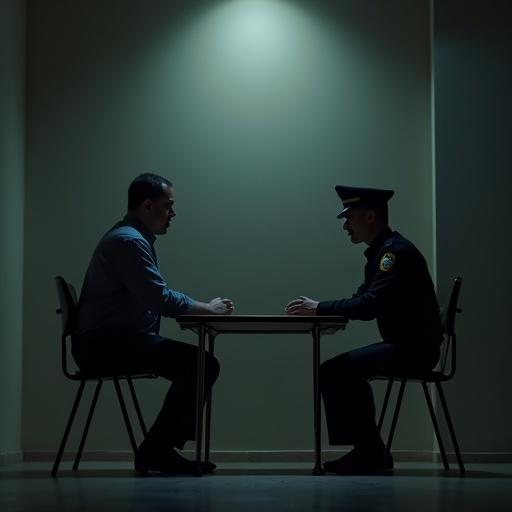 Dimly lit interrogation room. Metal table with two chairs. Arab man and police officer seated across from each other. Officer asks about love. Man humorously answers about food. Scene mixes tension with humor.