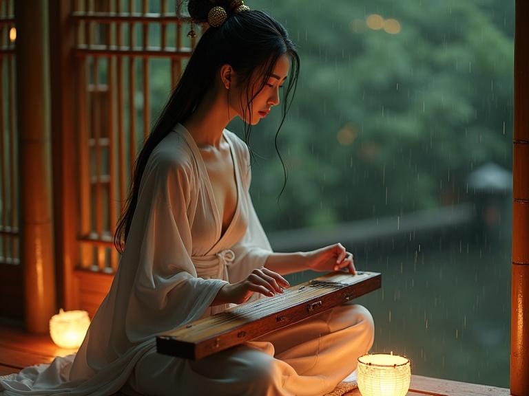 A woman sits inside a bamboo pavilion during rain. She plays the yangqin on a silk cushion. Soft light from paper lanterns illuminates her. Her robe is wet and drapes elegantly. Water beads shimmer on her skin. Her dark hair is styled with golden clasps. Fingers tap the dulcimer gracefully. Bamboo chimes resonate in the background.