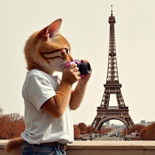Realistic image of a young kitten in a white t-shirt holding a pink camera in front of the Eiffel Tower. Background composed of coffee grains. Artistic rendering.