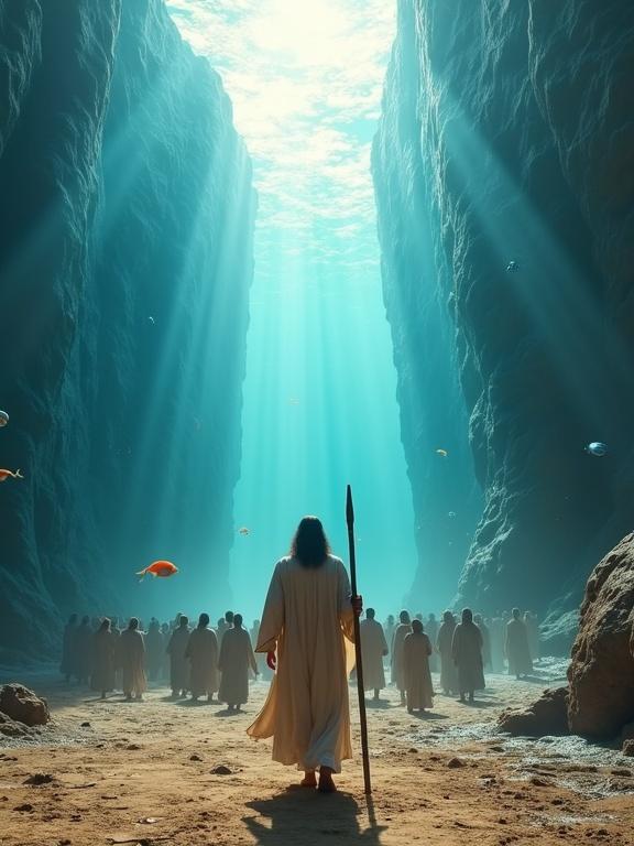 Moses stands at the center of parted sea holding a wooden staff. A crowd of ancient Israelites follows him onto dry seabed. Towering walls of water on both sides shimmer and suspend. Colorful aquatic creatures swim slowly within the water. Light beams filter through water, creating an ethereal atmosphere.