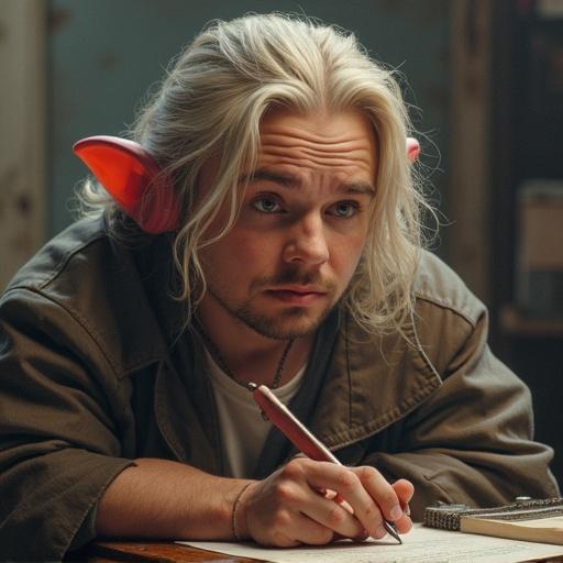 A young person with long blonde hair and pointed ears sitting at a desk. They hold a pen and look thoughtfully at a notepad. The scene is well-lit with a warm, soft glow.