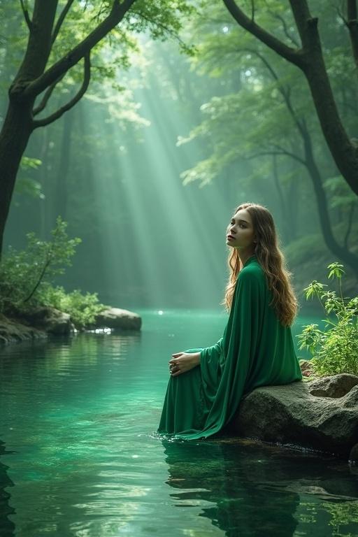 Lone figure in green robes sitting at edge of crystal pond in a forest. Soft light filters through trees. Figure has a concerned look. Natural, serene setting.