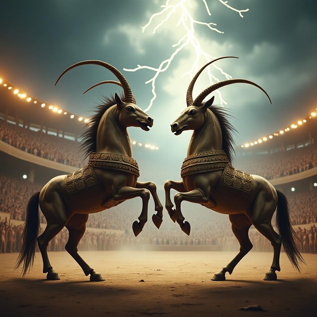 In a dramatic arena setting, two centaurs are poised for an epic confrontation. Each centaur is dressed in gleaming armor, showcasing their unique half-human, half-horse stature. One centaur is rearing back, weapon drawn, illustrating its readiness for an intense battle. The atmosphere is electrifying with excited crowds visible in the background. Above, a stormy sky filled with dark clouds and lightning enhances the dramatic tone of the scene. This image embodies themes from Greek mythology and captures the thrill of legendary battles.