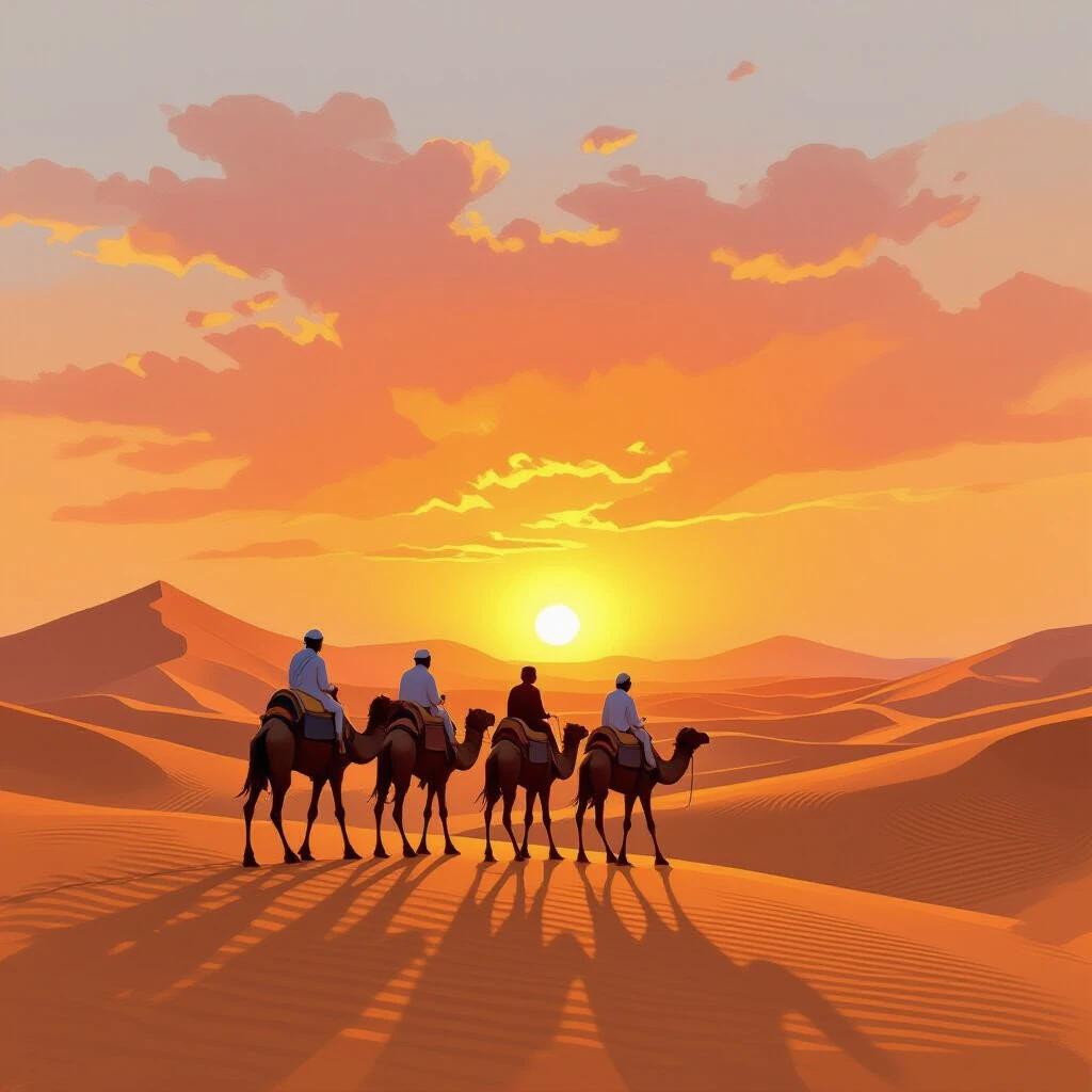 Desert landscape with camels and riders silhouetted against a vibrant sunset. The focus is on silhouettes walking through a warm sand dune landscape. Limited detail emphasizing color and atmosphere.