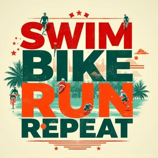 Vintage-inspired design with distressed textures features bold blocky text saying SWIM BIKE RUN REPEAT. Illustrations of a swimmer cyclist and runner are layered with abstract elements. Design aims for an energetic motivational feel. Enhance text legibility and streamline graphics for clarity.