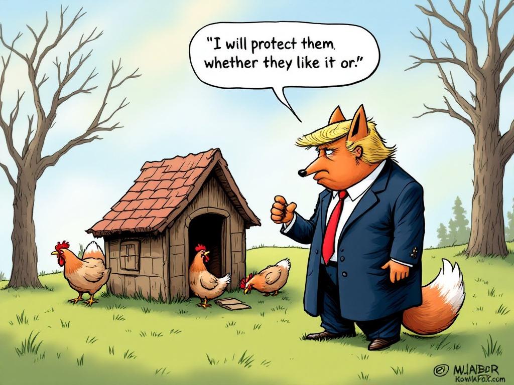 The image features a cartoon fox styled to resemble a political figure standing confidently. The fox is dressed in a suit and has a distinctive hairstyle reminiscent of Donald Trump. It stands guard in front of a colorful hen house, with chickens visible inside. The fox is making a statement about protection, suggesting a humorous take on political themes. The environment is bright and vibrant, enhancing the playful tone of the illustration.