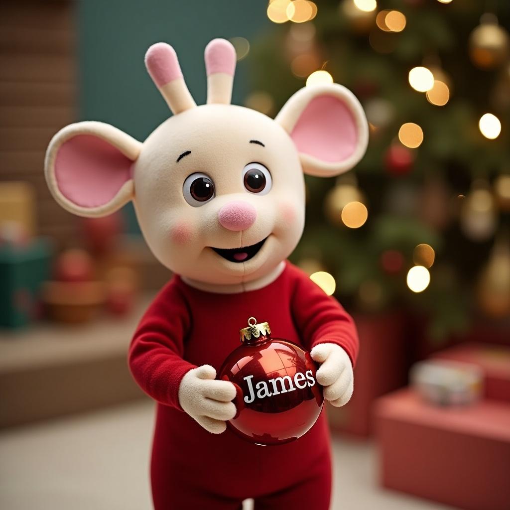 The image features a cute, animated character resembling a children's TV mascot. The character is dressed in a bright red outfit and holds a festive Christmas bauble. The bauble has the name 'James' displayed prominently. Behind the character, a decorated Christmas tree is visible, enhancing the holiday spirit. Soft, warm lighting adds to the cheerful atmosphere. Perfect for engaging young children during the festive season. This charming image evokes feelings of joy and holiday excitement. Ideal for children's content and related merchandise.