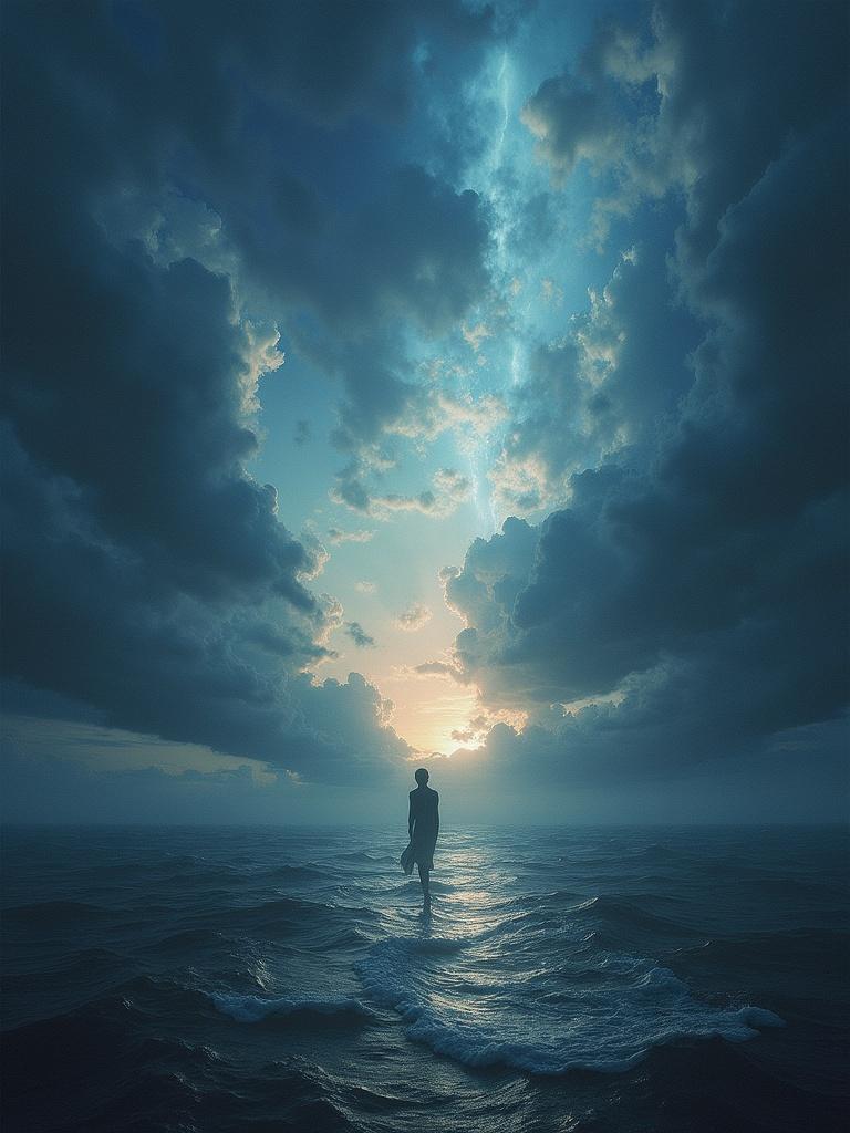 A solitary figure stands on the water surrounded by dark clouds and a glowing horizon. The scene evokes feelings of escape and contemplation. Issues of loneliness and infinity are present. An ethereal moment captured in a serene environment.