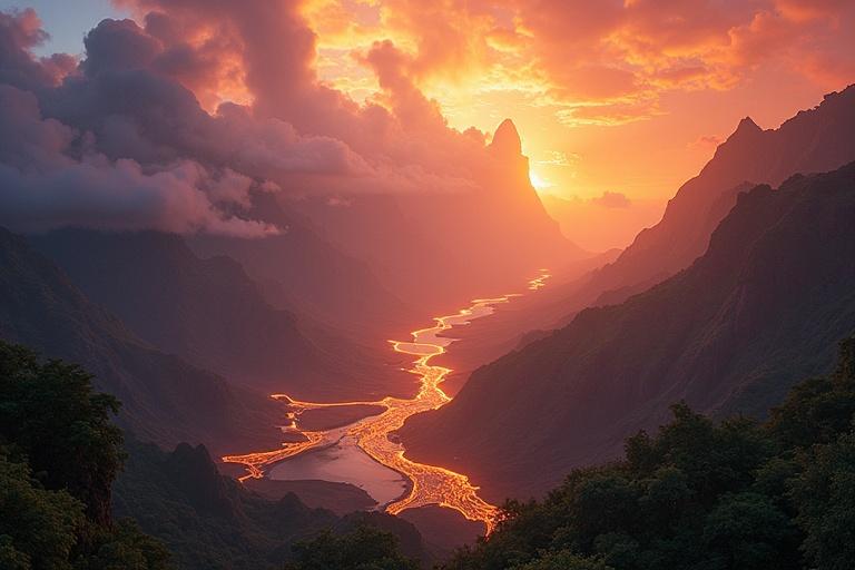 Ultra-wide aerial view of Pandora's southern continent at golden hour. Glowing lava rivers in lush jungles. Volcanic peaks beneath swirling auroras. Coral-blue tidal basins near ancient cliffs. Floating isles with spirit creatures weaving trails of light. Flame Clan and Tide Clan visible in hidden valleys.