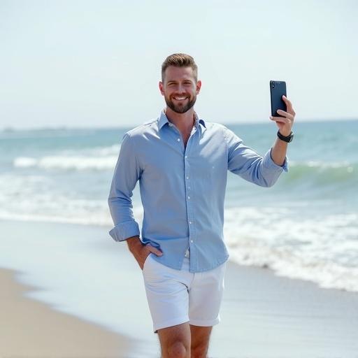 Handsome young man stands on beach. He wears light blue shirt and white shorts. Man holds phone as if recording. Clear blue sky and waves are behind him. He has a confident smile. He stands barefoot on the sand.