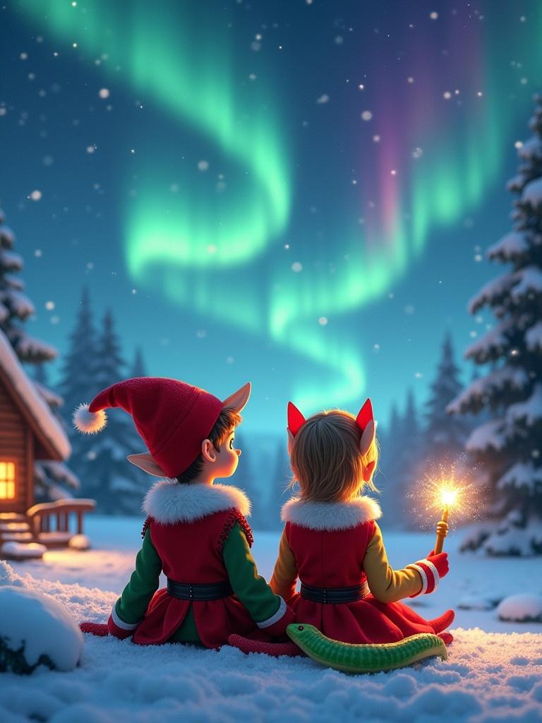 A boy and girl elf sit together back to the viewer. They gaze up holding a glowing wand. The scene features a snowy landscape with colorful northern lights and a cozy house. The image captures the magic of Christmas with names Avery and Colton appearing in the air. A green snake is visible.