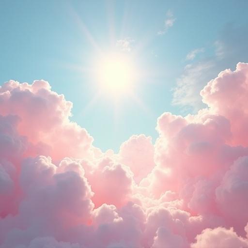 Soft pink and light blue clouds fill the sky. Bright sun shines with rays spreading across the scene. No dark shadows present. A serene and heavenly atmosphere creates a calming effect.