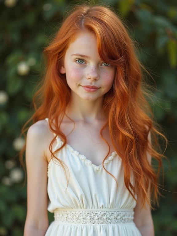 A young girl with long wavy red hair wearing a white dress stands against a lush green background. The shot captures her in a serene outdoor setting emphasizing her natural beauty.