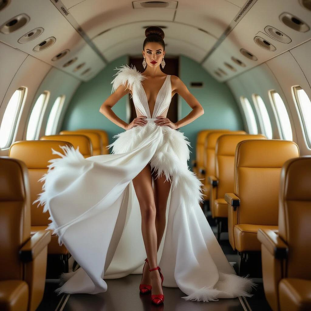 Model poses in a vintage airplane interior. She wears a white translucent gown with feathers. A deep V-neckline defines her silhouette. Red heels and earrings add color. Golden seats contrast with pastel attire. Soft light creates a dream-like feel. Wisps of fog add to the atmosphere.