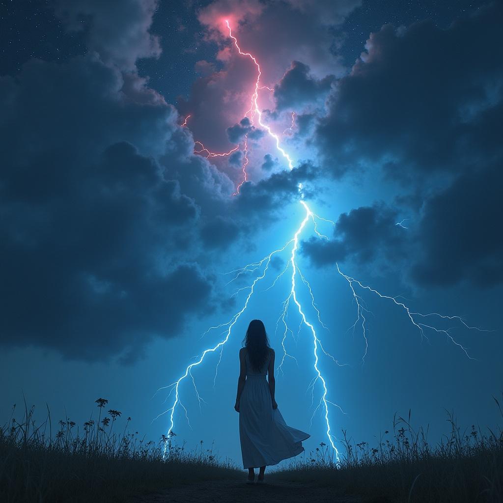 In this mesmerizing digital artwork, a lone figure stands at the center, facing an intense and striking lightning storm. The sky is filled with dramatic clouds split by vibrant blue and pink lightning forks, creating an ethereal and otherworldly atmosphere. The silhouette of the person in a flowing dress adds a sense of scale and vulnerability against the powerful forces of nature.