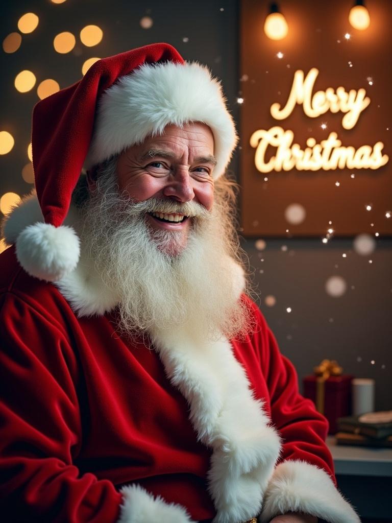 Cheerful Santa Claus in red suit with joyful expression. Background features glowing lights and snowflakes falling. 'Merry Christmas' text presents warm holiday vibes.