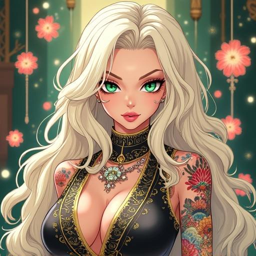 Anime character with emerald green eyes and oversized light blonde wavy hair. Beautiful face with light pink diamond jewelry. Super futuristic look. Half Japanese and half Saiyan. Muscular arms with 6 pack abs. Wearing an edgy martial arts costume. Colorful Japanese tattoos. Featured on a luxurious martial arts magazine cover.