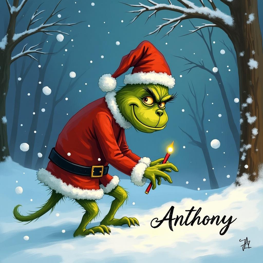 Christmas Grinch character wearing red Santa hat writing name Anthony in the snow with a candle in hand during winter scene with falling snowflakes.