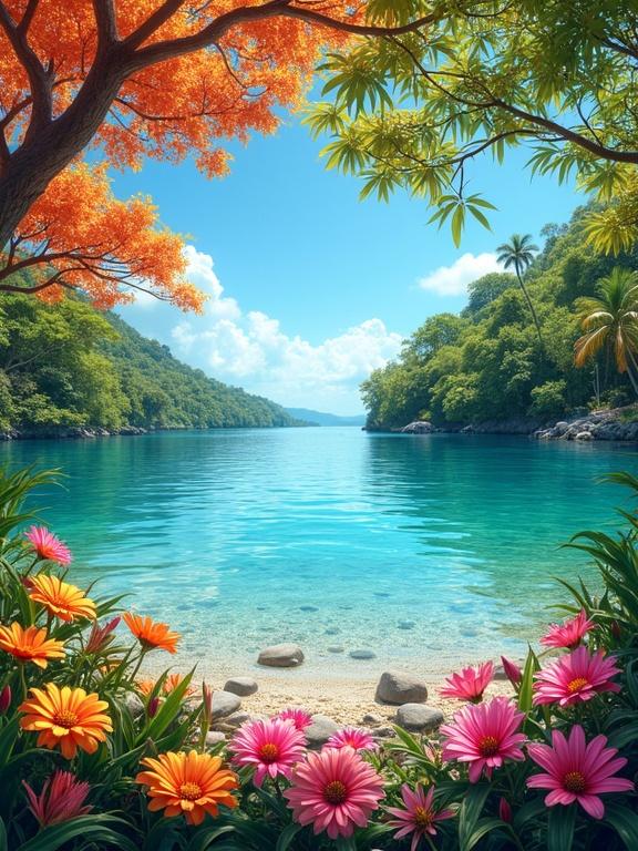 A vibrant tropical lakeside scene with colorful flowers in the foreground. Crystal clear water with a smooth surface reflects colorful trees. Bright blue sky with soft white clouds. Peaceful summer atmosphere.