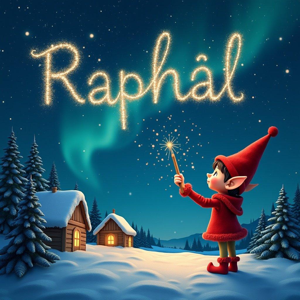 An elf writes sparkling letters in the sky using a magical wand. The night sky is starry with the Northern Lights. Little houses and evergreen trees are illuminated below. The elf wears a vibrant red outfit and a pointed hat. Creates a magical atmosphere.