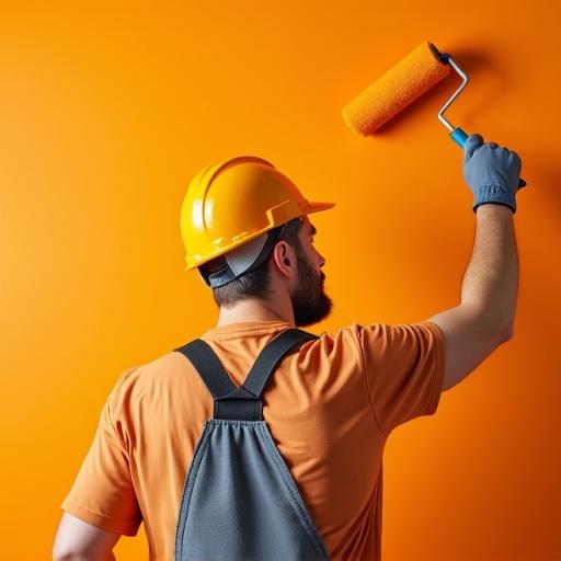 Professional male painter with roller brush painting bright orange wall. Painter in work uniform wearing helmet. Focus on painting process and vibrant color.
