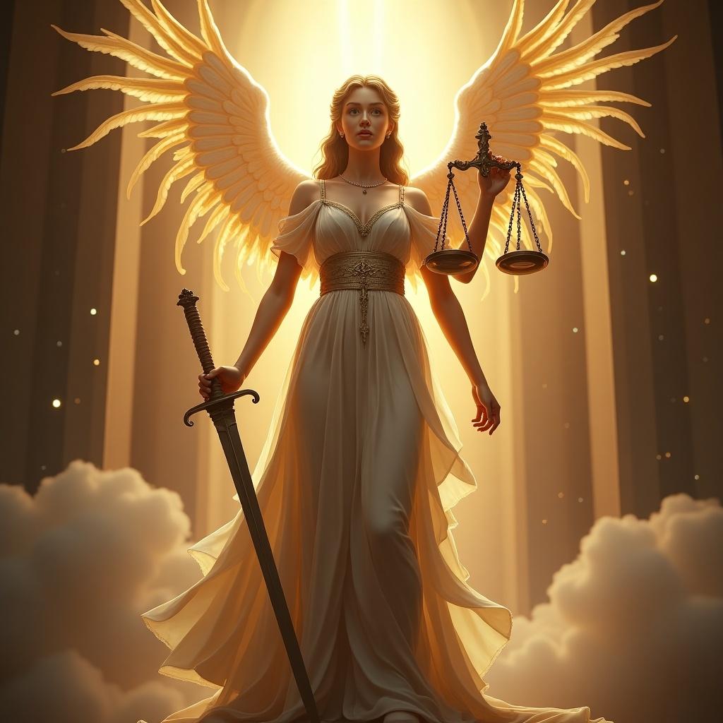 Divine justice personified as an angelic figure. This figure holds scales in one hand and a sword in the other. Dramatic lighting creates a heavenly atmosphere. The scene suggests a strong sense of justice and authority.