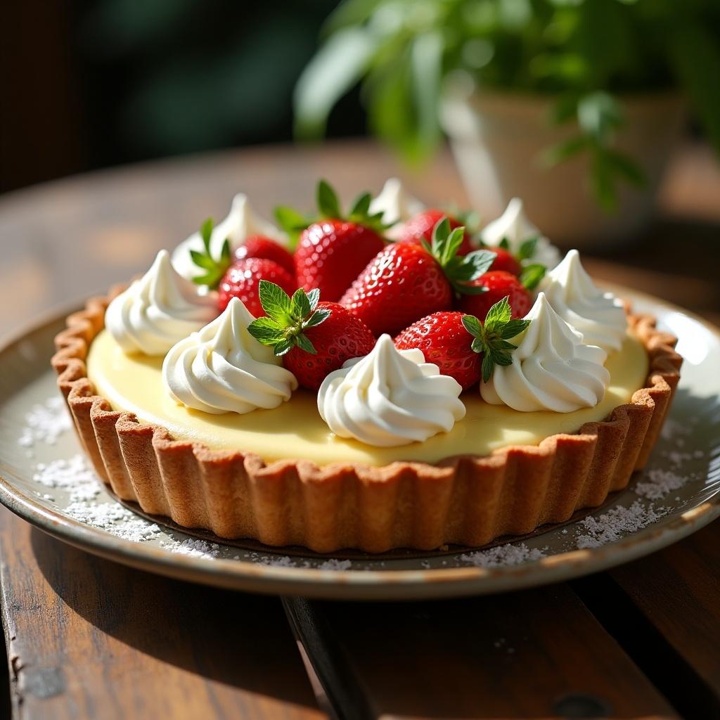 Cream pie with strawberries and whipped cream on a wooden table. Fresh strawberries on top with mint leaves. Soft lighting enhances the dessert's appeal.