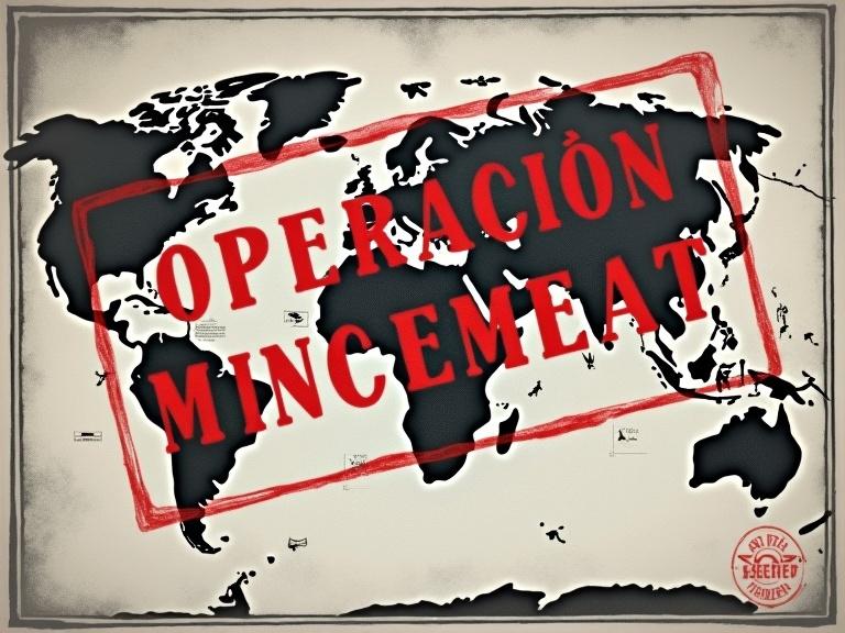Old black-and-white world map features red arrows and military icons. Europe zoom focus while dramatic war drums play. The title 'OPERACIÓN MINCEMEAT' overlaid with faded red 'TOP SECRET' stamp.